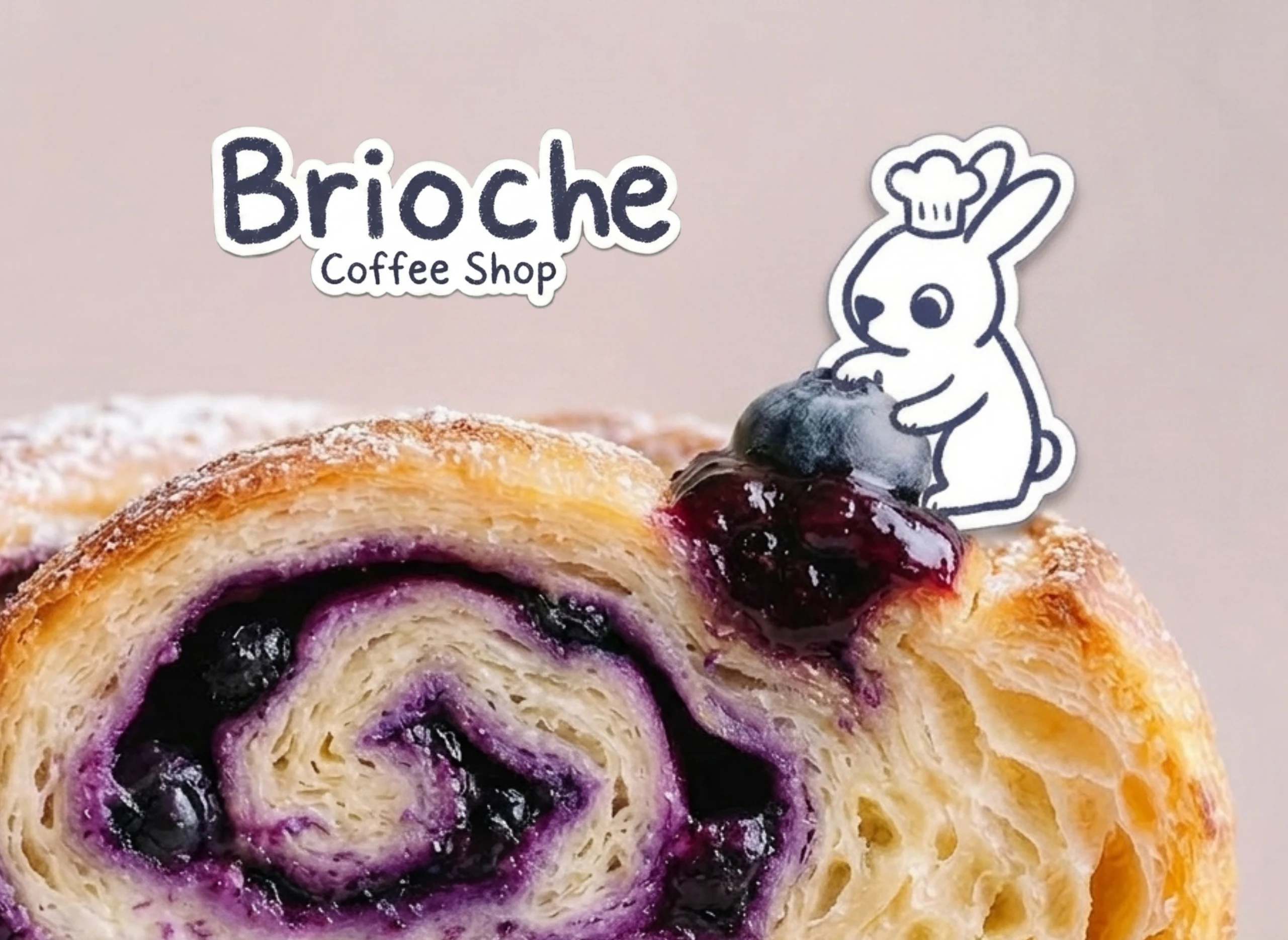 Brioche Coffee Shop — logo and brand mascot on a blueberry pastry