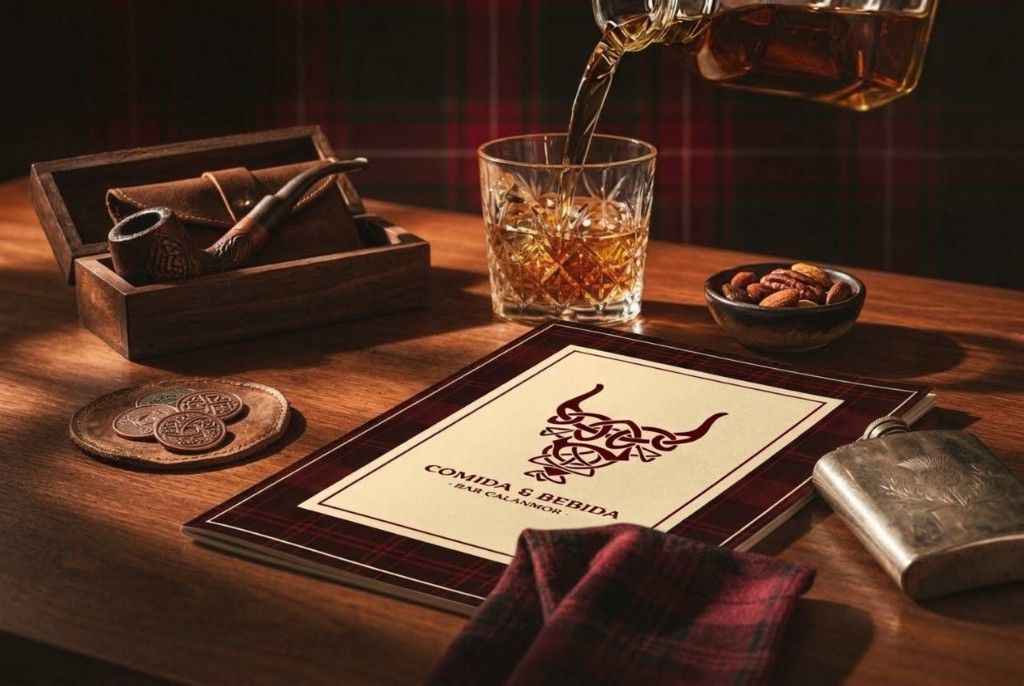 Bar Calanmor — food & drink menu, tartan and pour