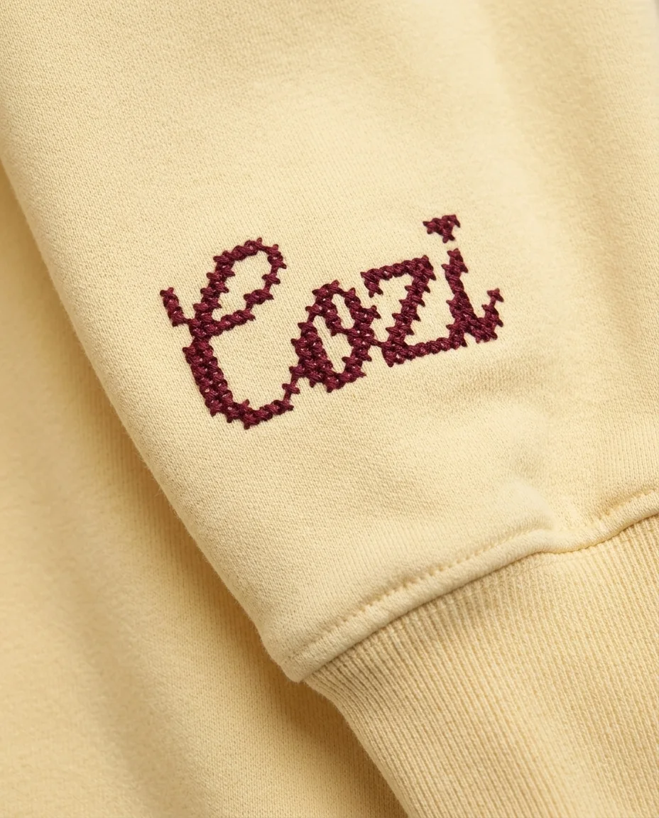 COZI — cross-stitch logo embroidered on a sweatshirt sleeve